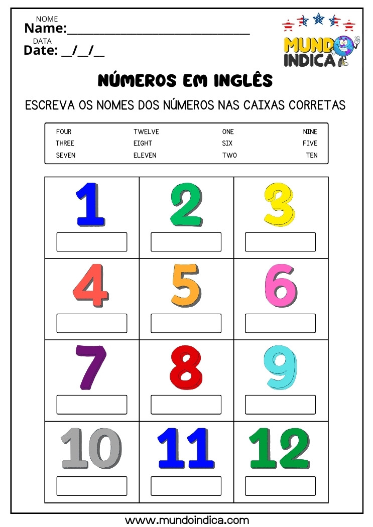 Atividade de Inglês para Crianças​ com Números para Imprimir
