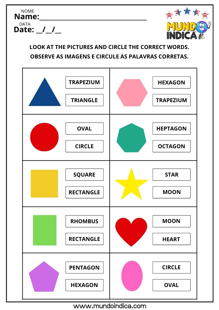 Atividade de Inglês para Crianças​ sobre Formas Geométricas