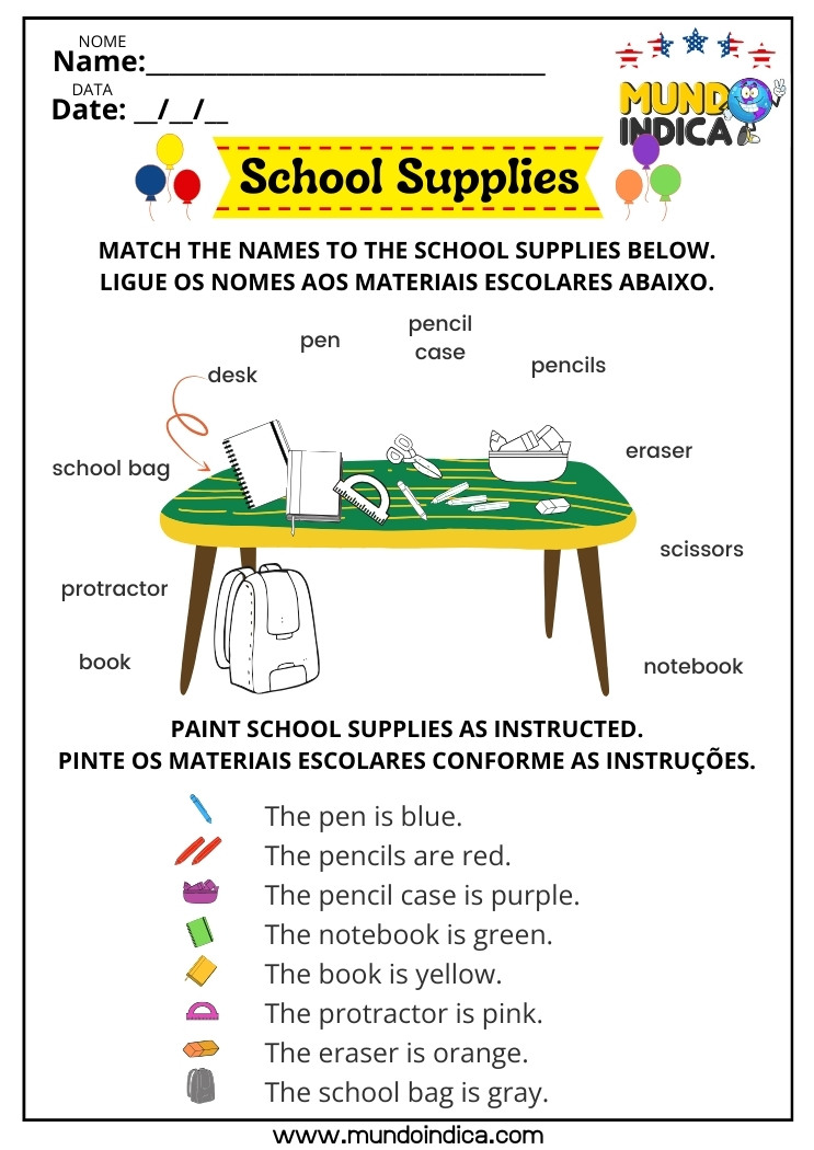 Atividade de Inglês para Crianças​ sobre Materiais Escolares