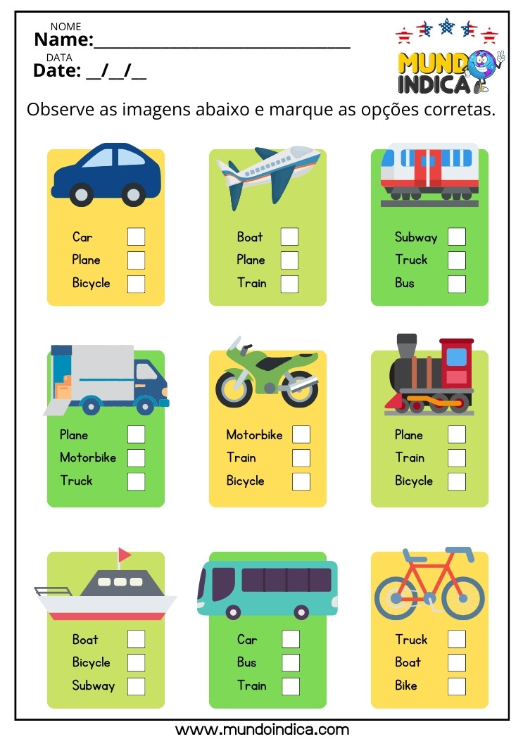 Atividade de Inglês para Crianças​ sobre Meios de Transporte