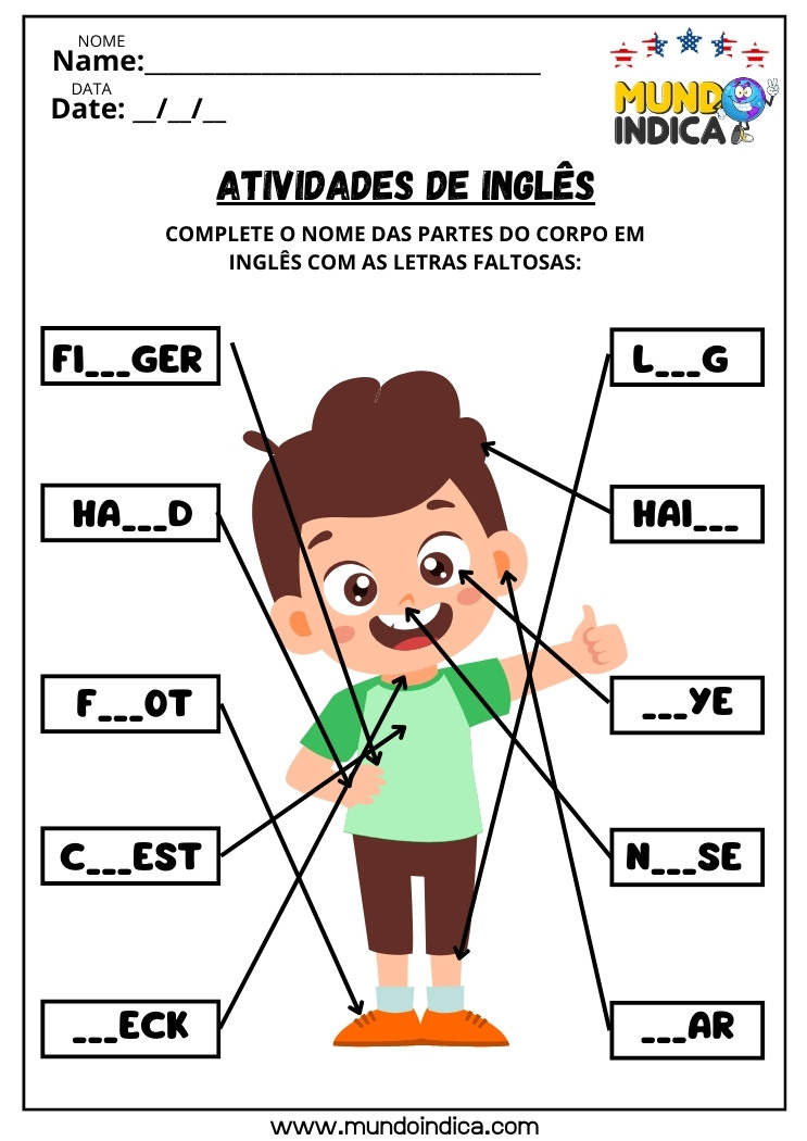 Atividade de Inglês para Crianças​ sobre as Partes do Corpo Humano
