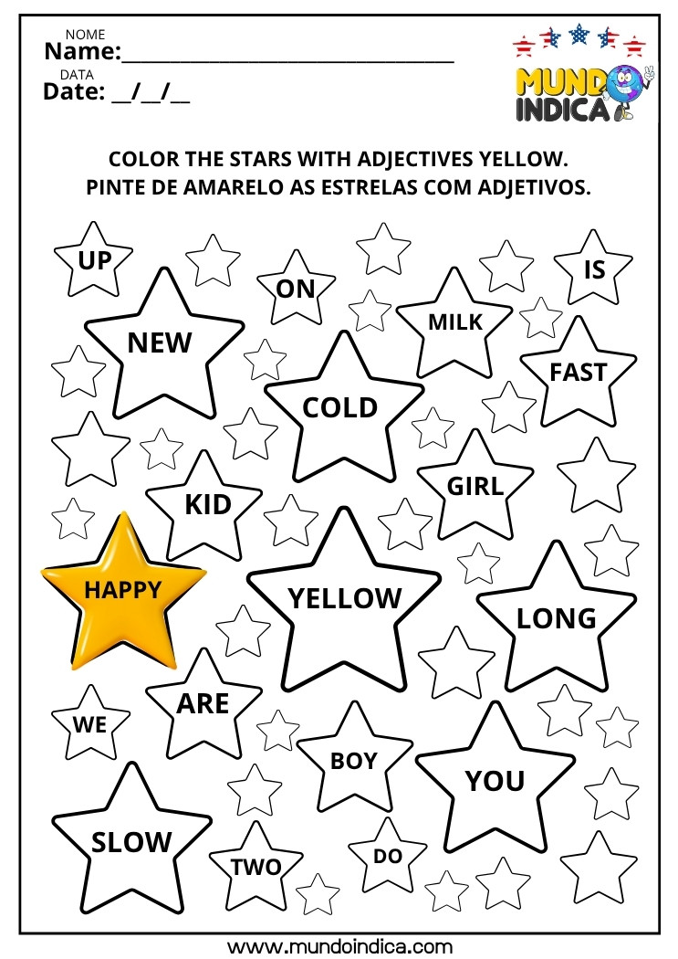 Atividade de inglês para iniciantes com estrelas para identificar e colorir adjetivos como happy, slow, cold e fast