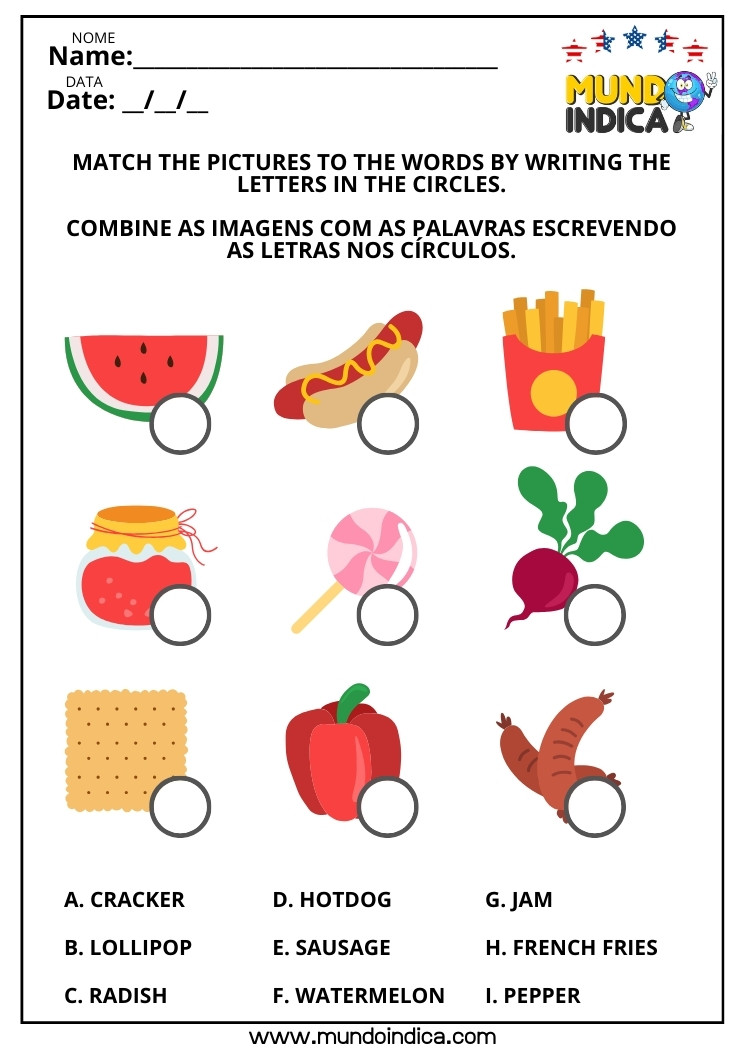 Atividade de inglês para iniciantes sobre alimentos