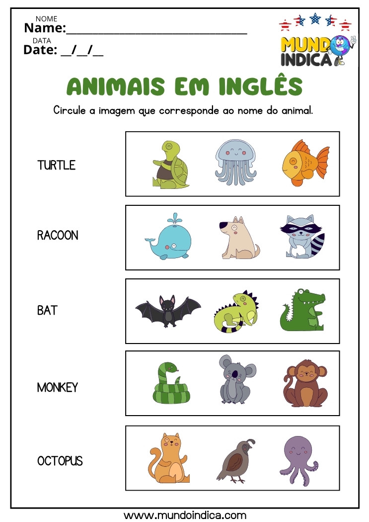 Atividade de Inglês para Iniciantes Animais