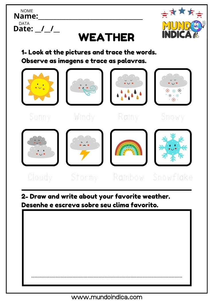 Atividade de inglês para iniciantes sobre o clima para traçar palavras como sunny, rainy, snowy, rainbow e escrever sobre o clima favorito