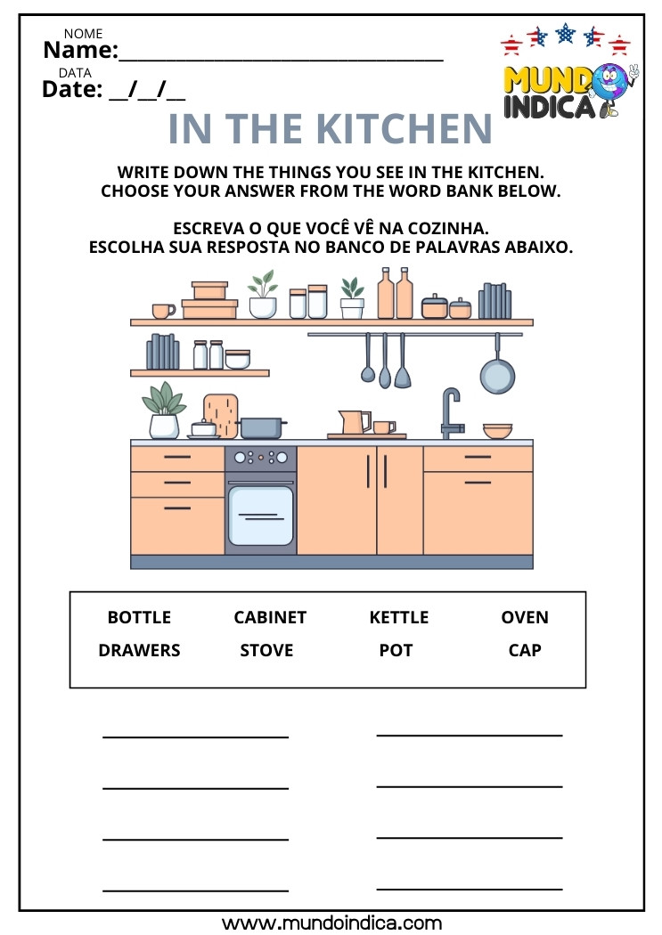 Atividade de inglês para iniciantes com vocabulário da cozinha. Exercício para identificar e escrever objetos como stove, kettle, drawers, bottle e oven