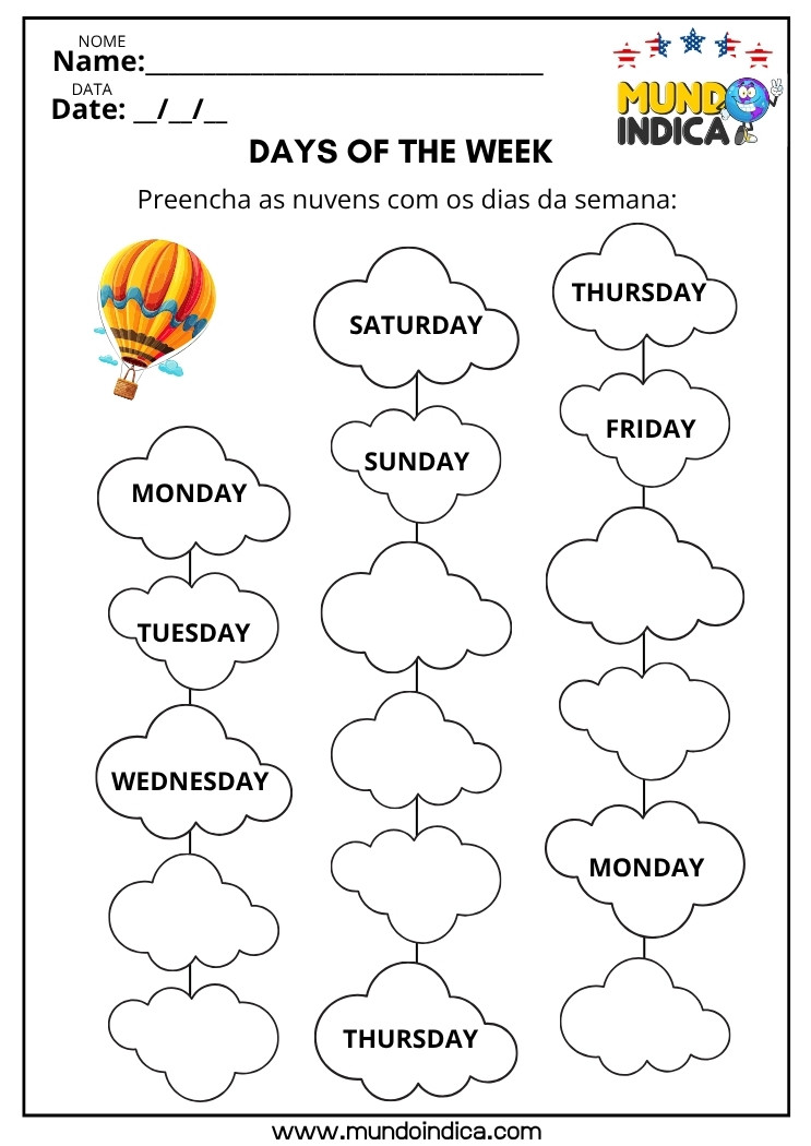 Atividade de inglês para iniciantes sobre os dias da semana com nuvens para preencher e organizar