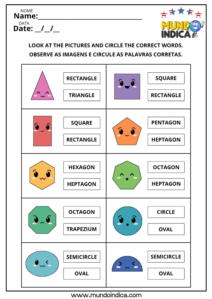 Atividade de inglês para iniciantes sobre formas geométricas com exercício ilustrado para circular os nomes corretos de figuras como triangle, circle, square, rectangle e semicircle