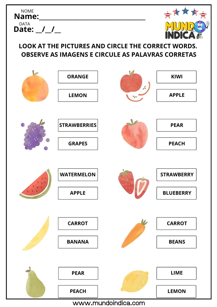 Atividade de inglês para iniciantes com frutas e legumes para circular as palavras corretas em inglês como apple, banana, carrot, pear e watermelon