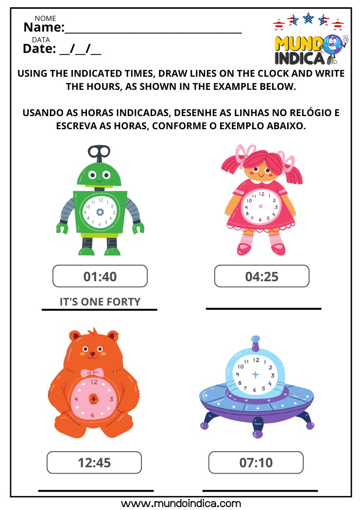Atividade lúdica de inglês para iniciantes com relógios ilustrados para praticar a leitura e escrita das horas com personagens e horários variados