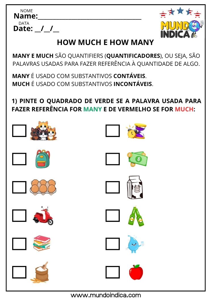 Atividade de inglês para iniciantes sobre os quantificadores how much e how many para identificar substantivos contáveis e incontáveis com imagens