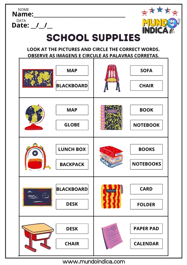 Atividade de inglês para iniciantes sobre material escolar com imagens para identificar palavras como backpack, notebook, desk, globe e blackboard