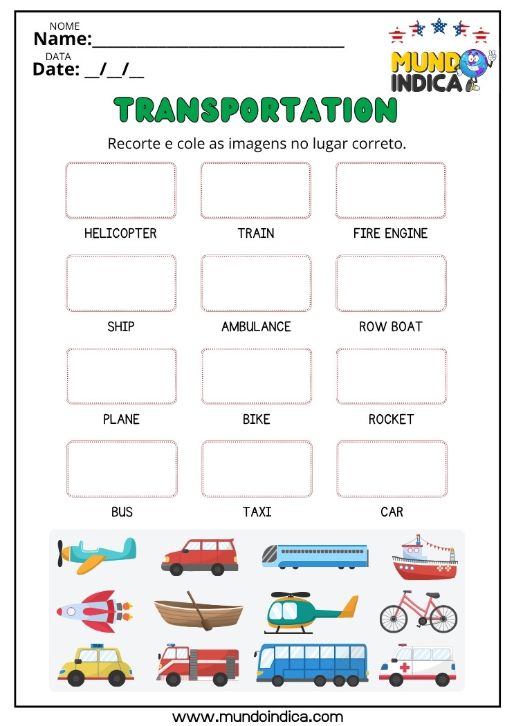 Atividade de inglês para iniciantes sobre meios de transporte com imagens para recortar e colar nos espaços corretos