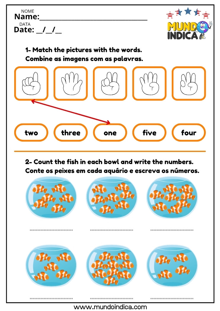 Atividade de inglês para iniciantes com números em inglês para associar números a gestos com as mãos e contar peixes em aquários, praticando vocabulário básico como one, two e three