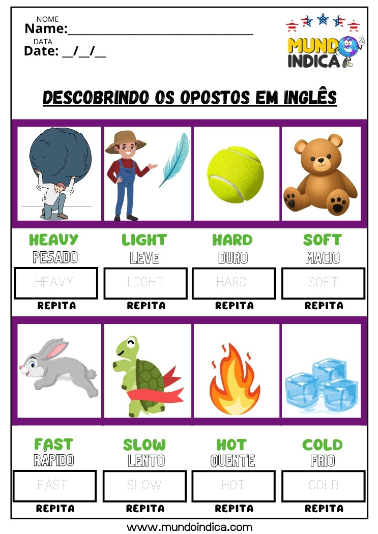 Atividade de inglês para iniciantes sobre opostos. Exercício visual para aprender antônimos como heavy e light, hot e cold, fast e slow, hard e soft