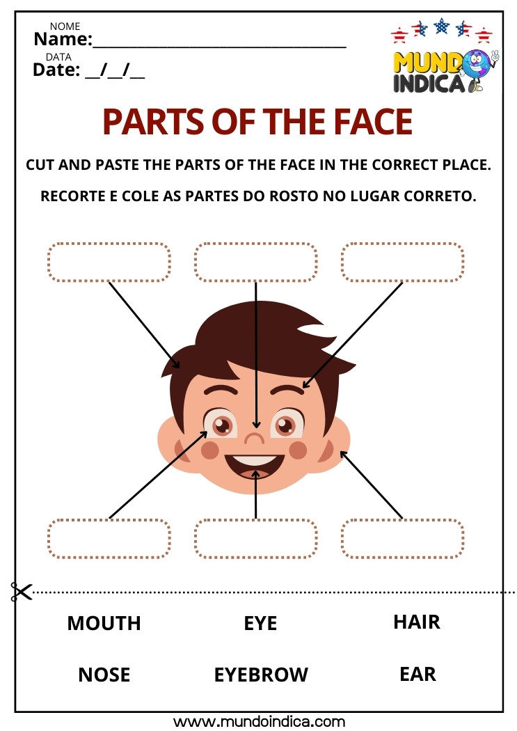 Atividade de inglês para iniciantes sobre as partes do rosto com recorte e colagem para aprender vocabulário como eye, mouth, hair e nose
