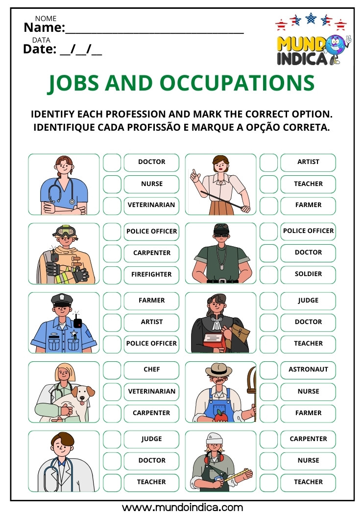 Atividade de inglês para iniciantes com vocabulário de profissões para identificar e marcar corretamente ocupações como doctor, teacher, firefighter e police officer