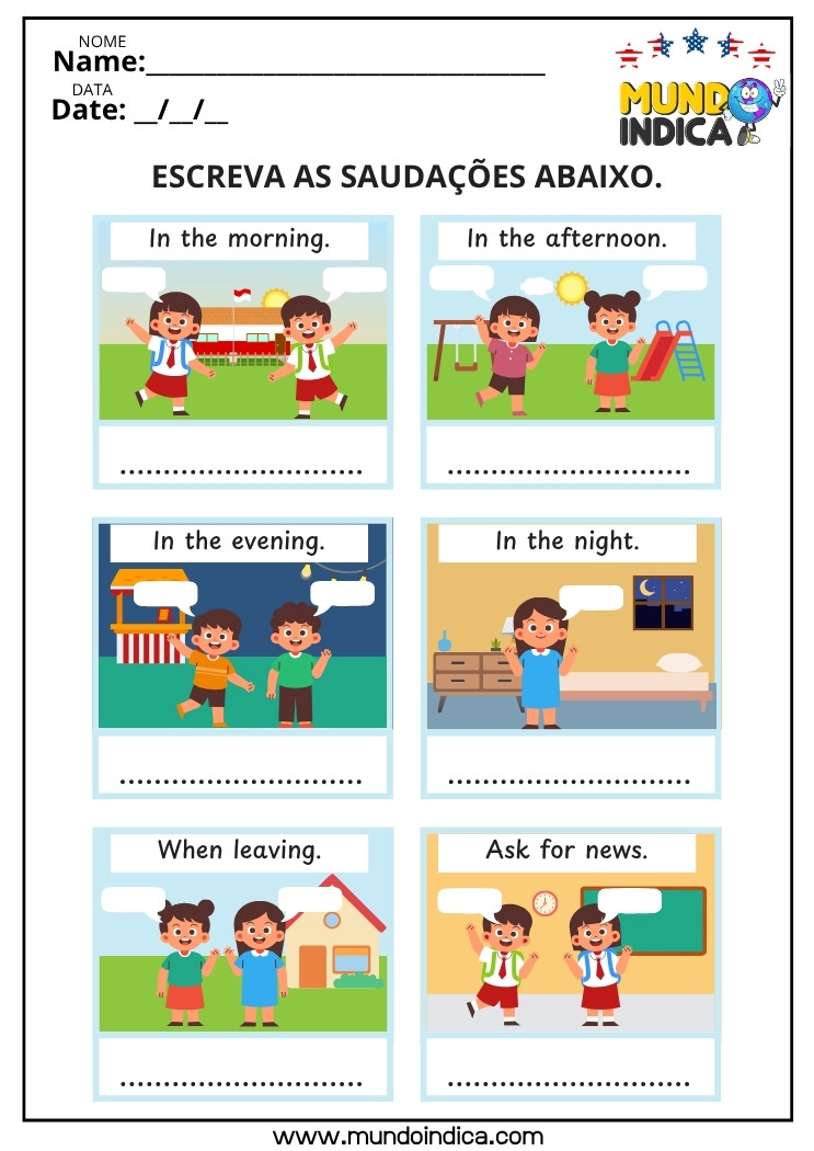 Atividade de inglês para iniciantes sobre saudações em diferentes momentos do dia com cumprimentos como good morning, good night e outros