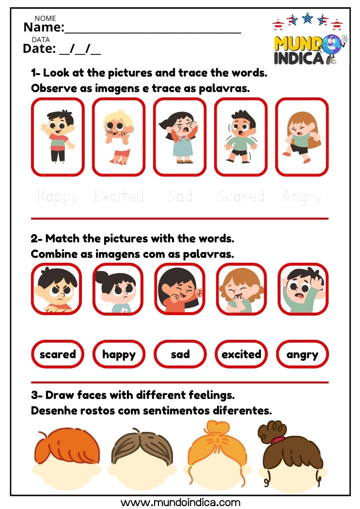 Atividade de inglês para iniciantes com vocabulário de sentimentos e emoções para traçar palavras, associar expressões faciais e desenhar rostos com diferentes emoções