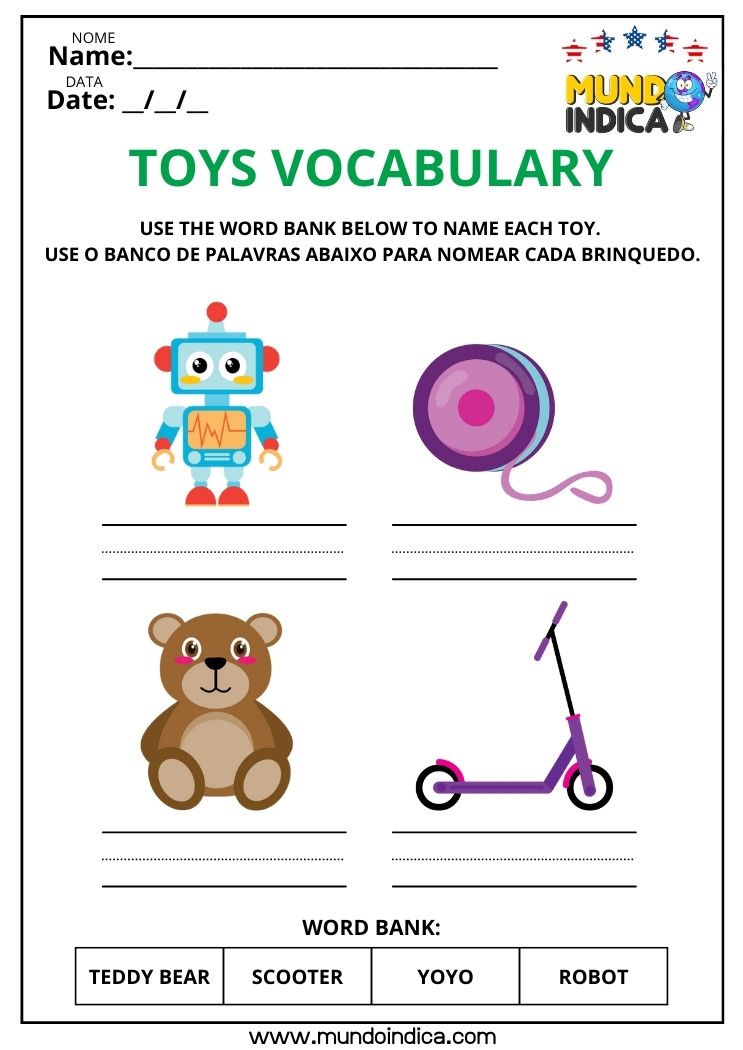 Atividade de inglês vocabulário brinquedos robot yoyo teddy bear scooter crianças ensino fundamental