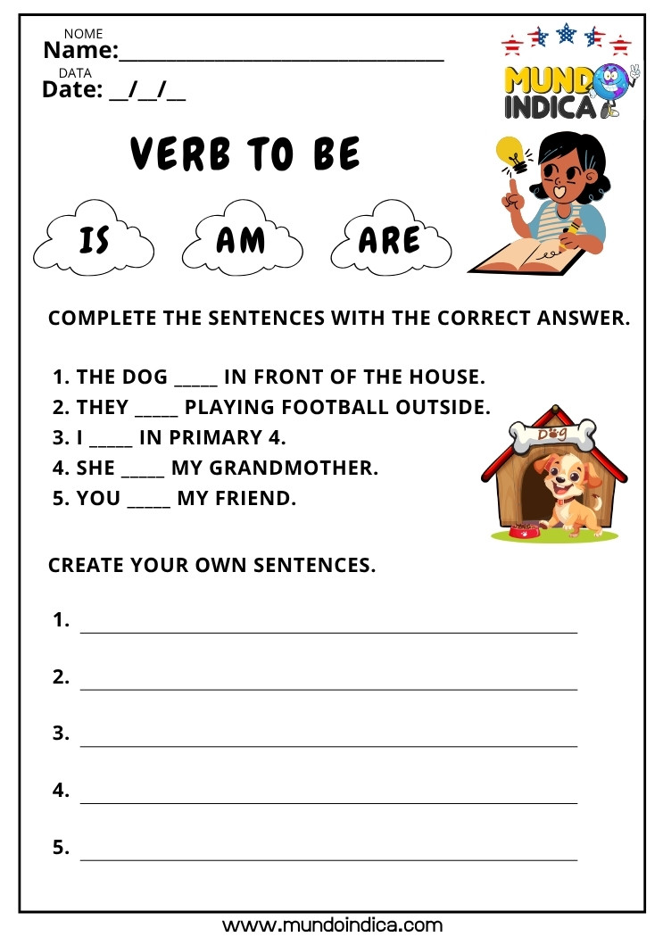 Atividade de inglês para iniciantes com exercícios do verbo to be