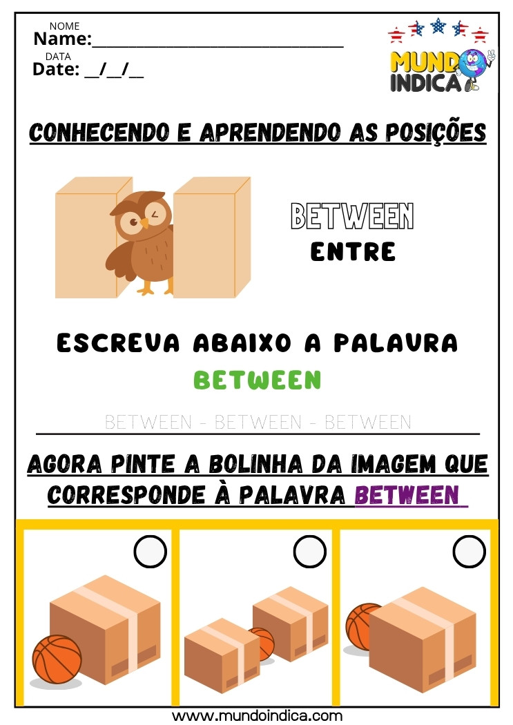 Atividade de inglês para iniciantes sobre oposição para identificar a posição correta entre objetos e escrever a palavra em inglês