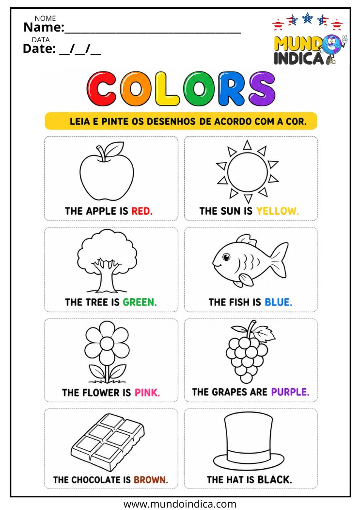 Atividade de Inglês para Ler as Frases e Colorir as Figuras