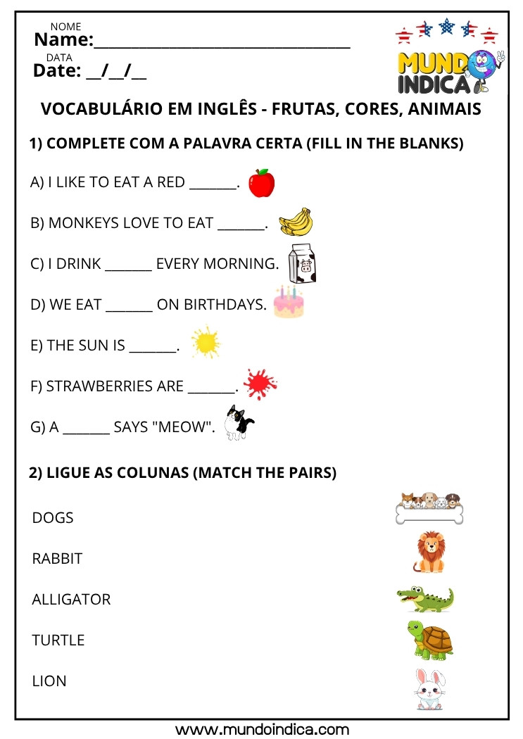 atividade de inglês para imprimir frutas cores e animais com imagens para preencher e ligar colunas 2 ano ensino fundamental