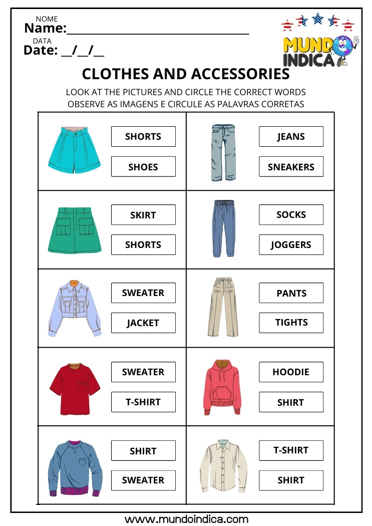 Atividade de inglês sobre roupas e acessórios com imagens para circular as palavras corretas