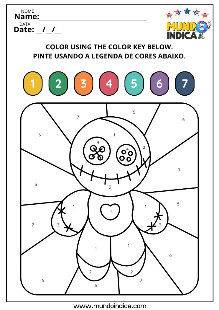 Atividade de Inglês​ para Colorir o Bonequinho de Halloween Conforme a Legenda de Cores para Imprimir