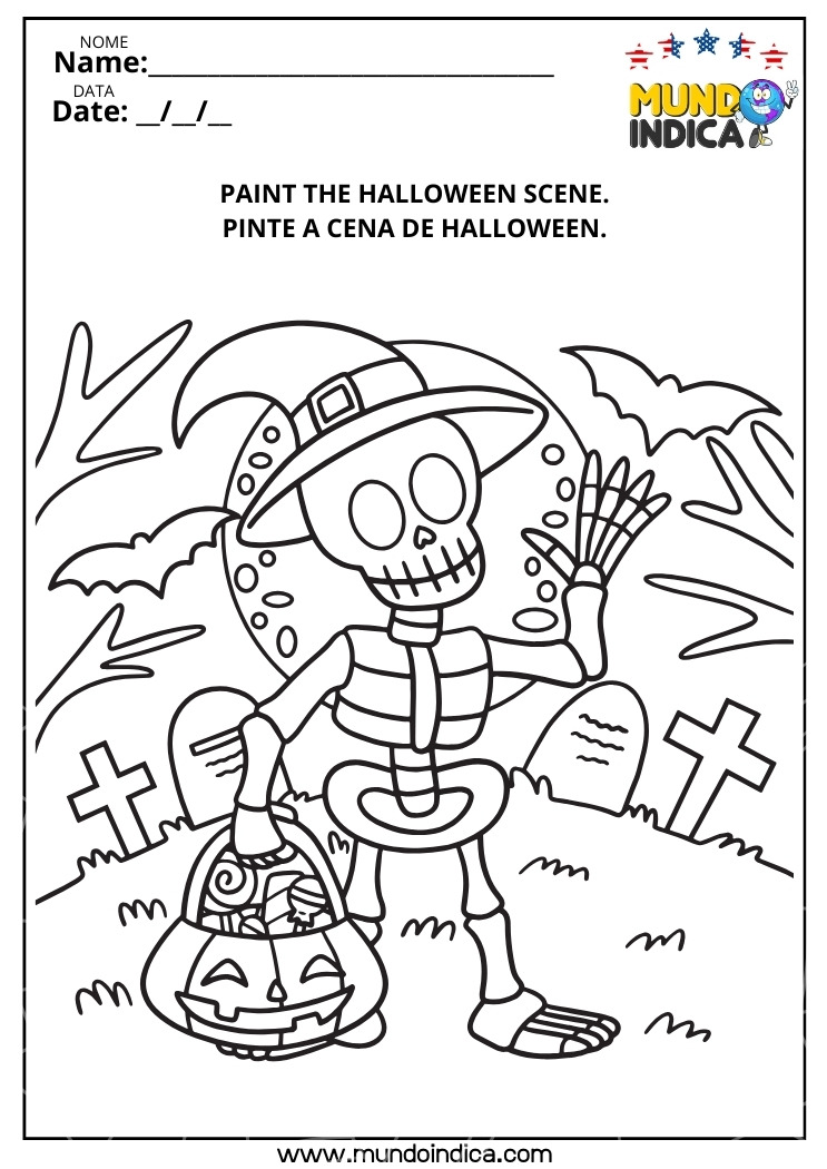 Atividade para Colorir uma Cena de Halloween para Imprimir