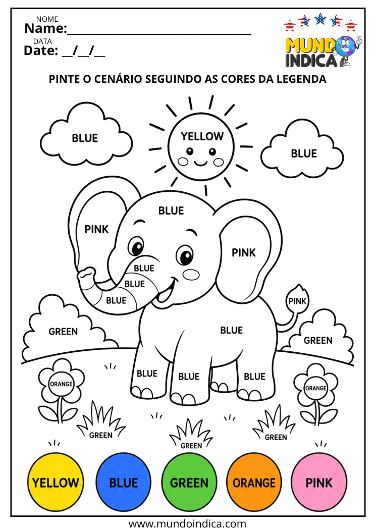 Atividade para Colorir o Elefantinho Conforme as Cores em Inglês