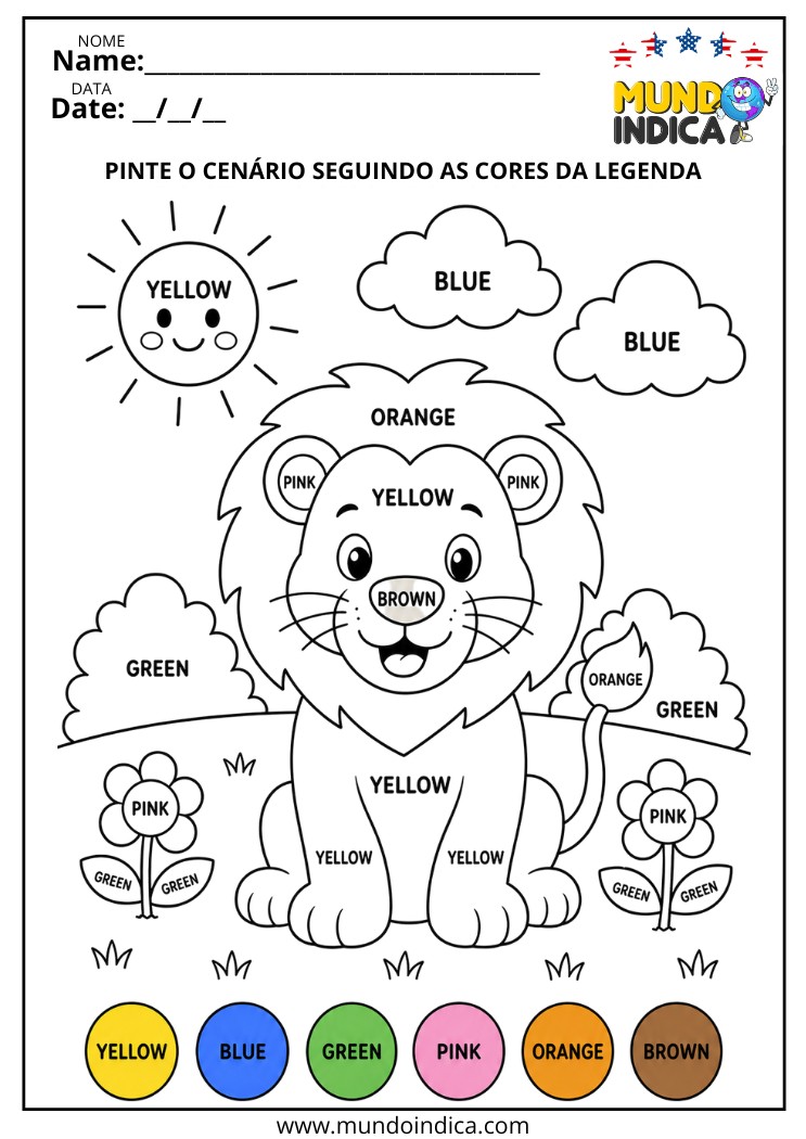 Atividade para Colorir_ o Leãozinho Conforme as Cores da Legenda em Inglês