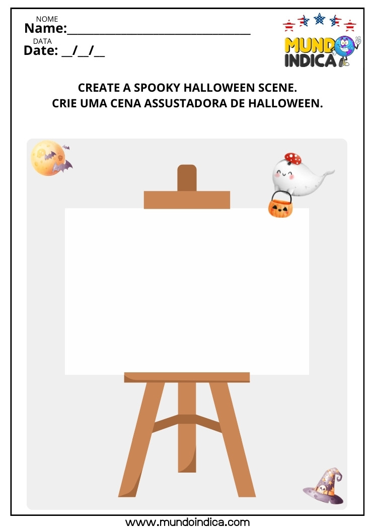 Atividade para Desenhar uma Cena de Halloween para Imprimir