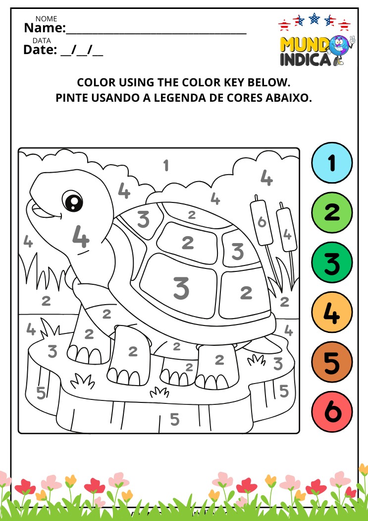Atividades de Inglês com Pintura Dirigida da Tartaruga Conforme as Cores Indicadas pelos Números