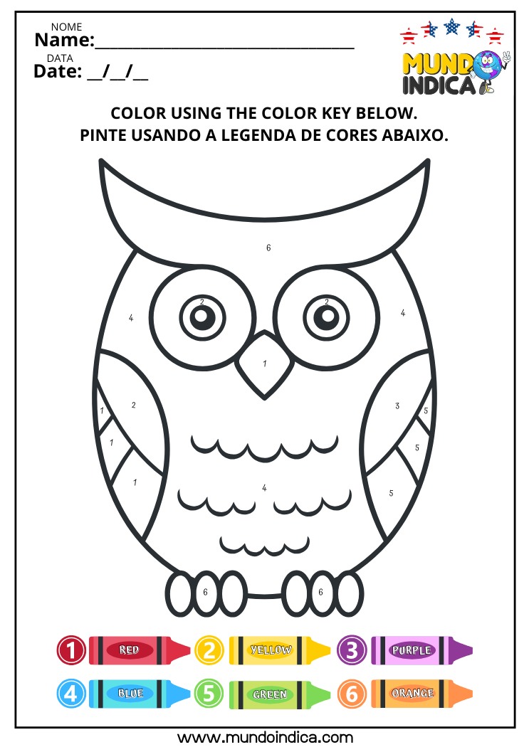 Atividades de Inglês com Pintura Legendada da Coruja