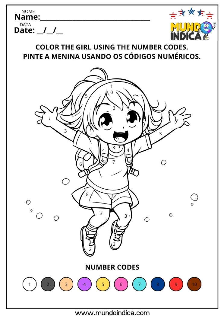 Atividades de Inglês para Colorir a Menina​ Conforme os Códigos Numéricos