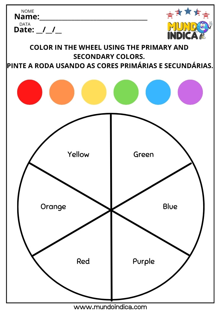 Atividades de Inglês para Colorir​ a Roda com Cores Primárias e Secundárias