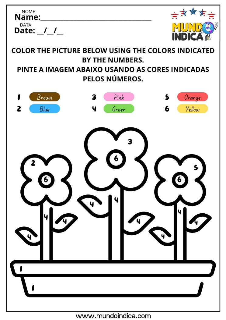Atividades de Inglês para Colorir​ as Flores Conforme a Legenda de Cores