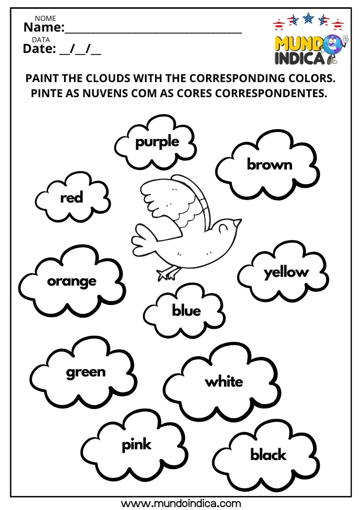 Atividades de Inglês para Colorir​ as Nuvens Conforme as Cores Indicadas