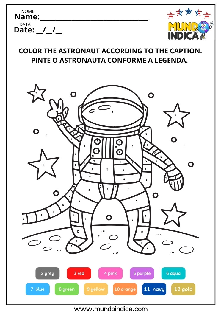 Atividades de Inglês para Colorir​ o Astronauta Conforme as Cores da Legenda