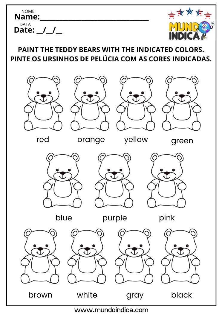 Atividades de Inglês para Colorir​ os Ursinhos Conforme as Cores Indicadas