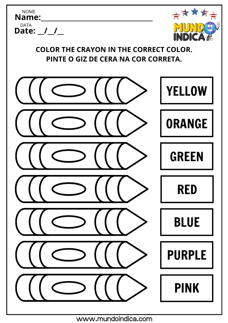 Atividades de Inglês para Pintar cada Giz de Cera Conforme a Legenda