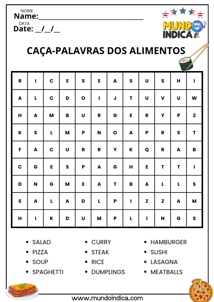 Caça-palavra em Inglês sobre Alimentos para Imprimir