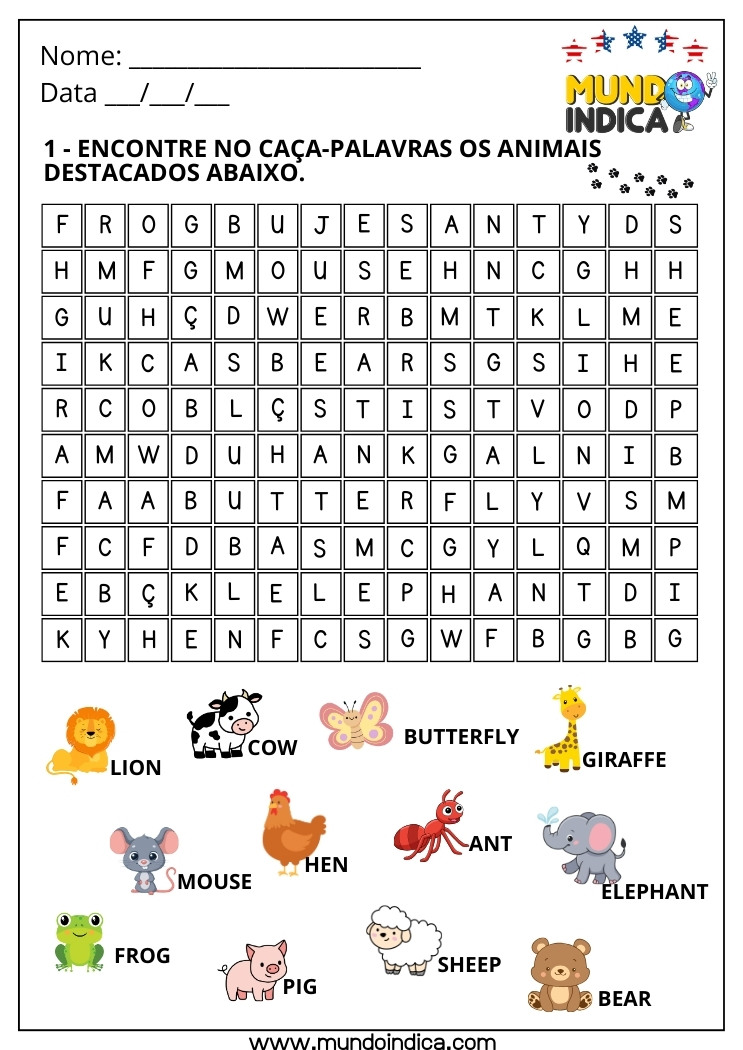 Caça-palavra em Inglês sobre Animais para Imprimir