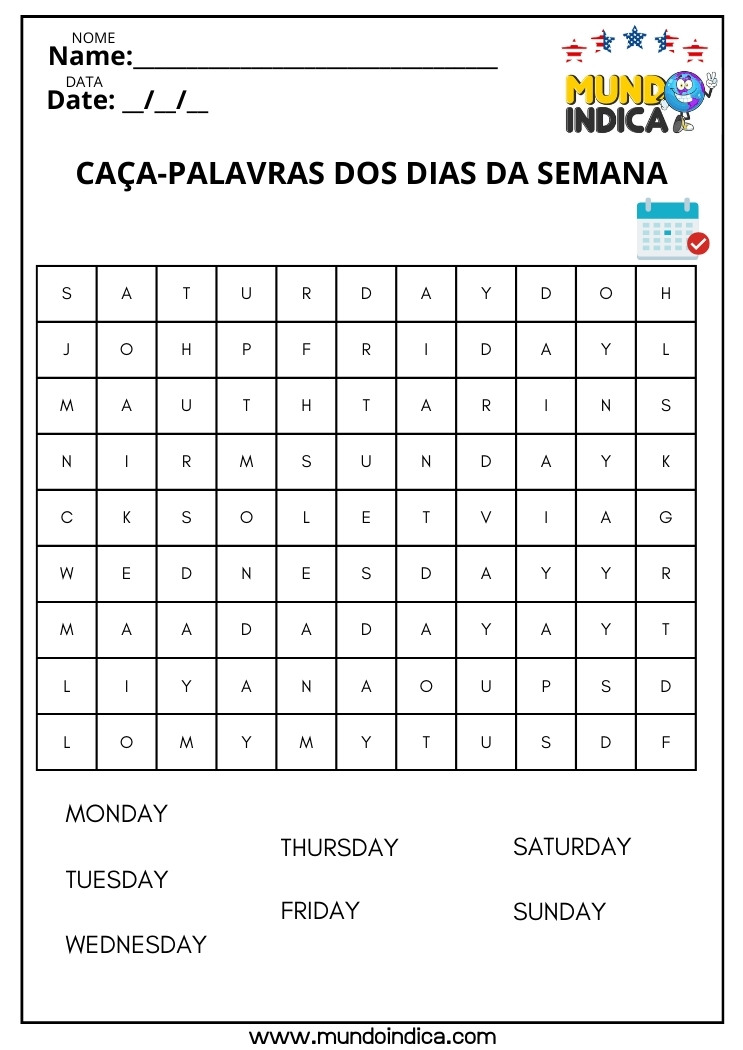 Caça-palavra em Inglês sobre Dias da Semana para Imprimir