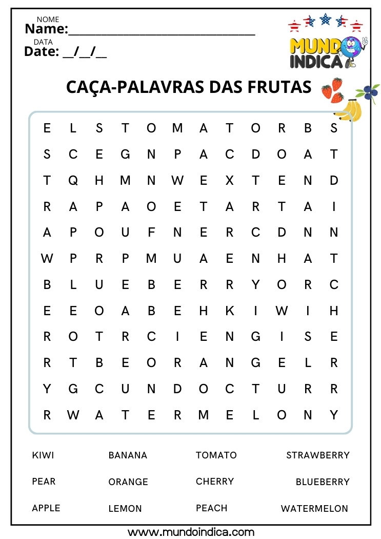 Caça-palavra em Inglês sobre Frutas para Imprimir