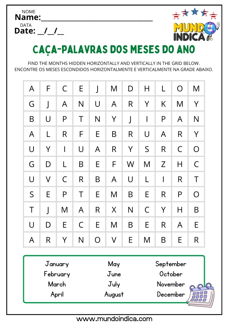 Caça-palavra em Inglês sobre Meses do Ano para Imprimir