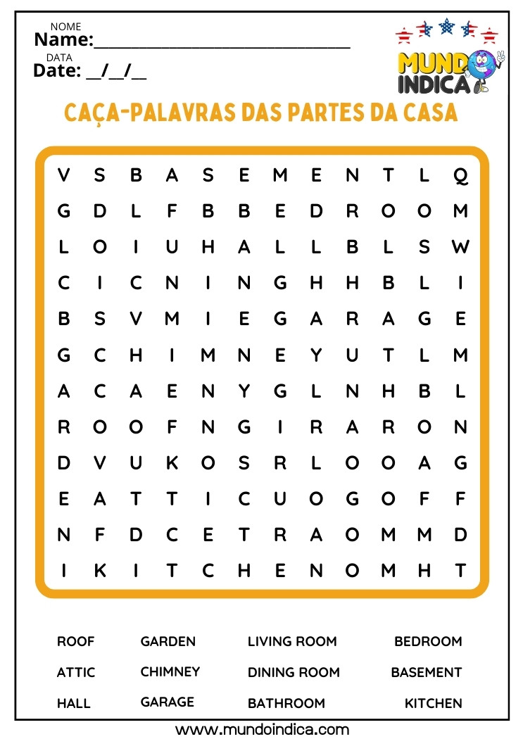 Caça-palavra em Inglês sobre Partes da Casa para Imprimir