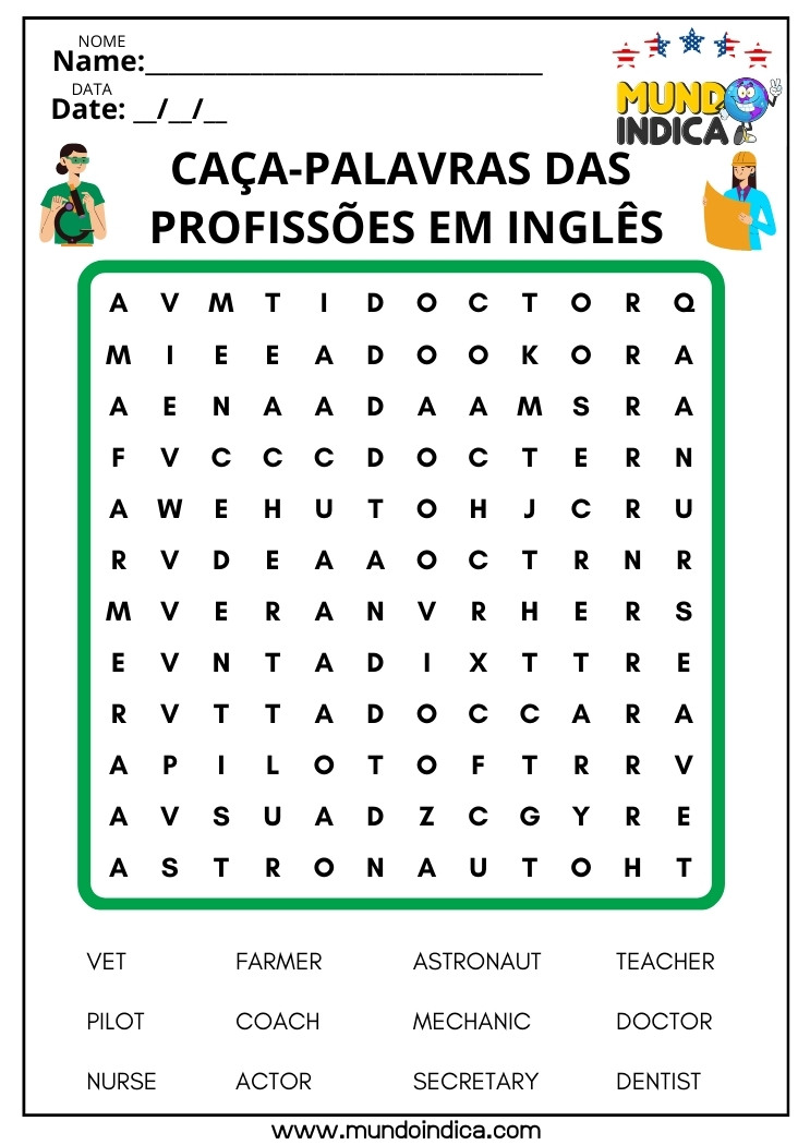 Caça-palavra em Inglês sobre Profissões para Imprimir